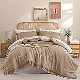 JANZAA King Ruffled Comforter Set 3PCS (1 Taupe Comforter Set and 2 Pillowcases) Vintage Farmhouse Shabby Chic Bedding Soft Fluffy All Season