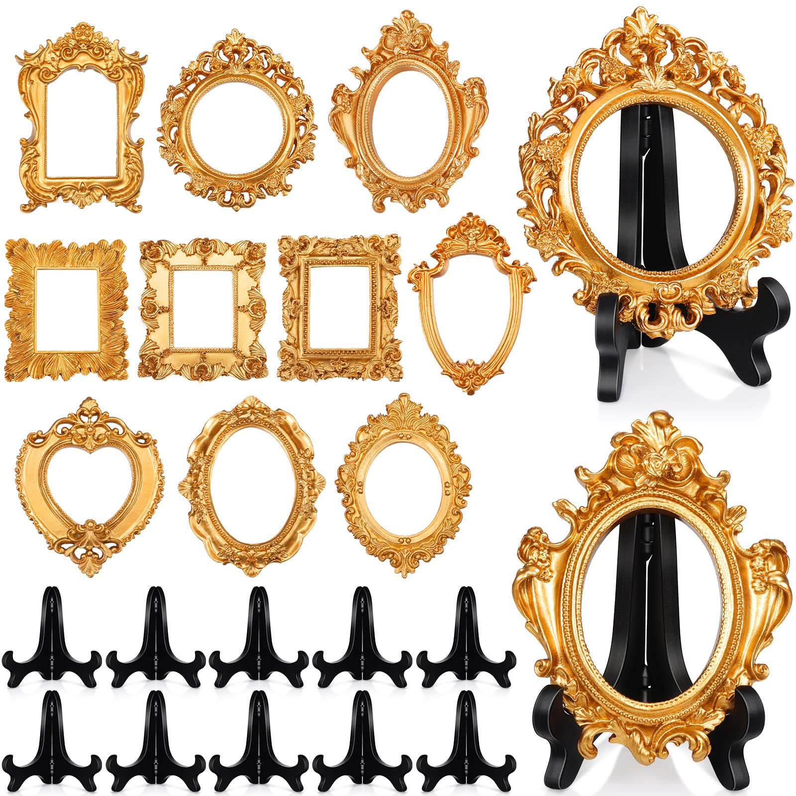 Photo 1 of Remerry 10 Pcs Vintage Picture Frame Antique Mini Frame Small Photo Display Miniature Tiny Resin Jewelry Display 4 Inch Black Plastic Stand for Home Wedding (Gold)