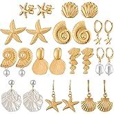 Tondiamo 12 Pairs Seashell Conch Starfish Stud Earring Ocean Themed Drop Dangle Earring for Women Nautical Beach Jewelry Gift