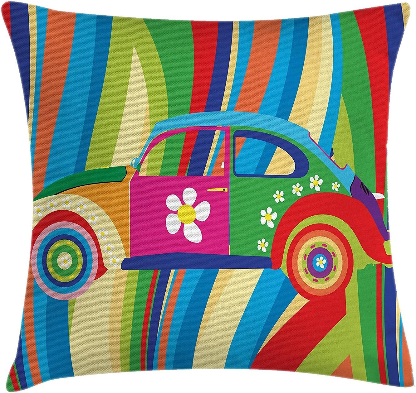 Modern Decor Throw Pillow Cushion Cover, Retro Vector Hippie Style Classic Car with Daisy and Bold Stripes Artwork, Decorative Square Accent Pillow Case, 18 X 18 Inches, Multicolor
