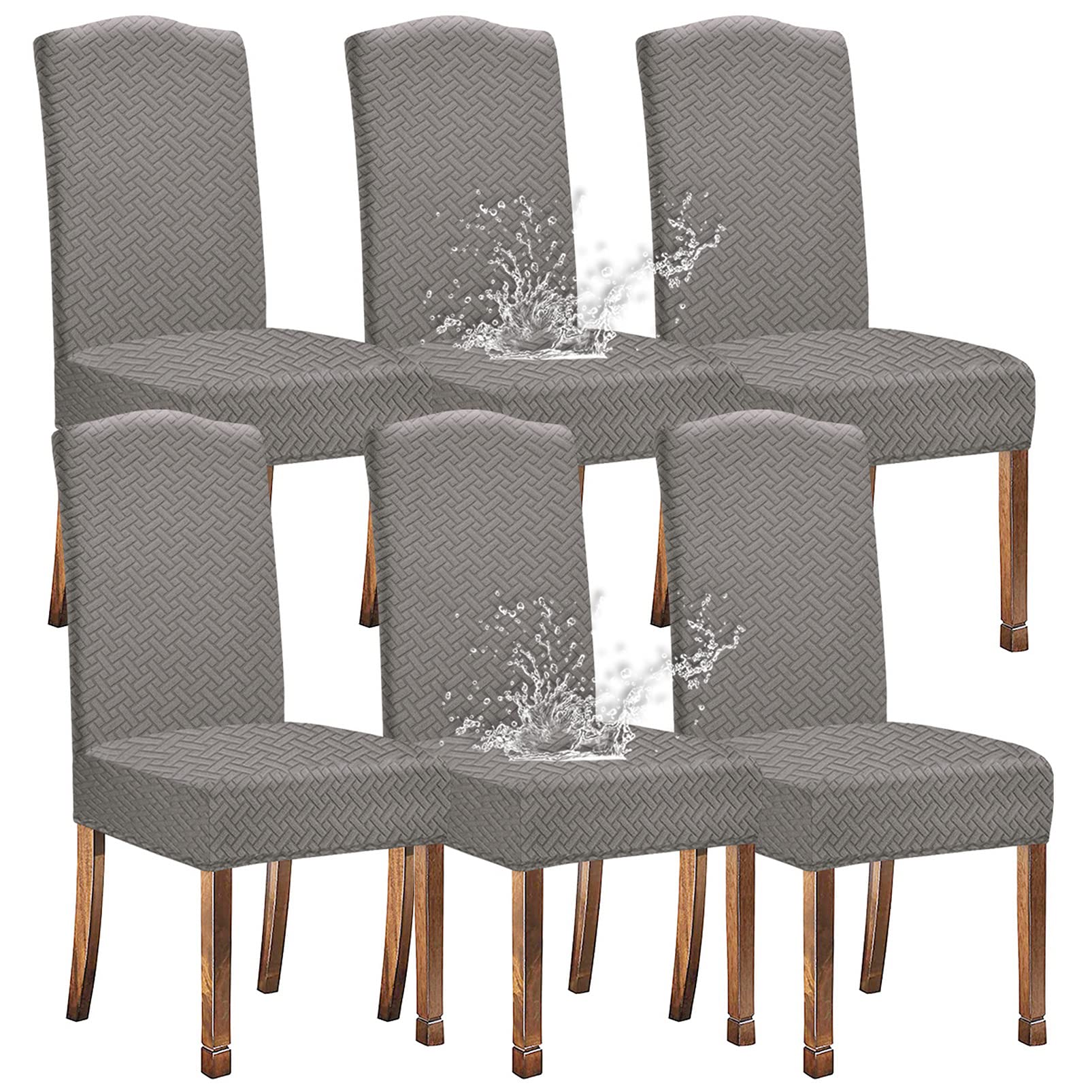 KELUINA Stretch Water-Repellent Twill Jacquard Dining Room Chair Covers Home Decor,Chair Covers for Dining Room Chairs Restaurant Hotel Ceremony (Light Gray,6 Pieces)