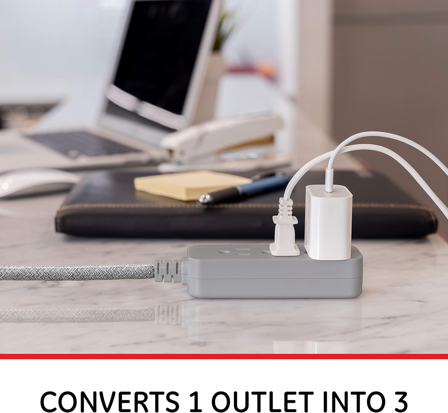 GE, Heather Gray, Designer Power Strip, 6 Inch Braided Extension Cord, 3 Grounded Outlets, Flat Plug, 53199 - - 