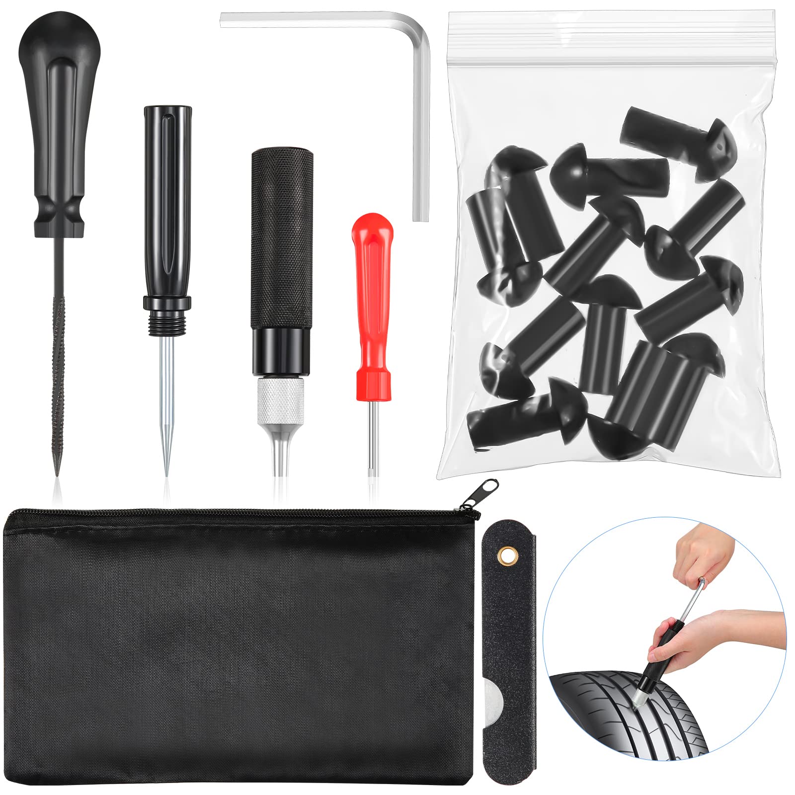 Photo 1 of Landhoow 7 Pack Tire Plugger Repair Kit with 12 Pcs Mushroom Tire Plug Kit Heavy Duty Tyre Repair with Plugs Tubeless Pocket Tools and Tool Pouch for Fixing Motorcycle Car Truck Bike