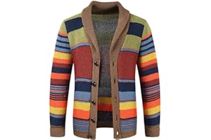 WEINEXRA Mens Rainbow Cardigan Sweaters Striped Color Block Shawl Collar Sweatshirt Cable Knit Open Front Warm Lapel Outwear