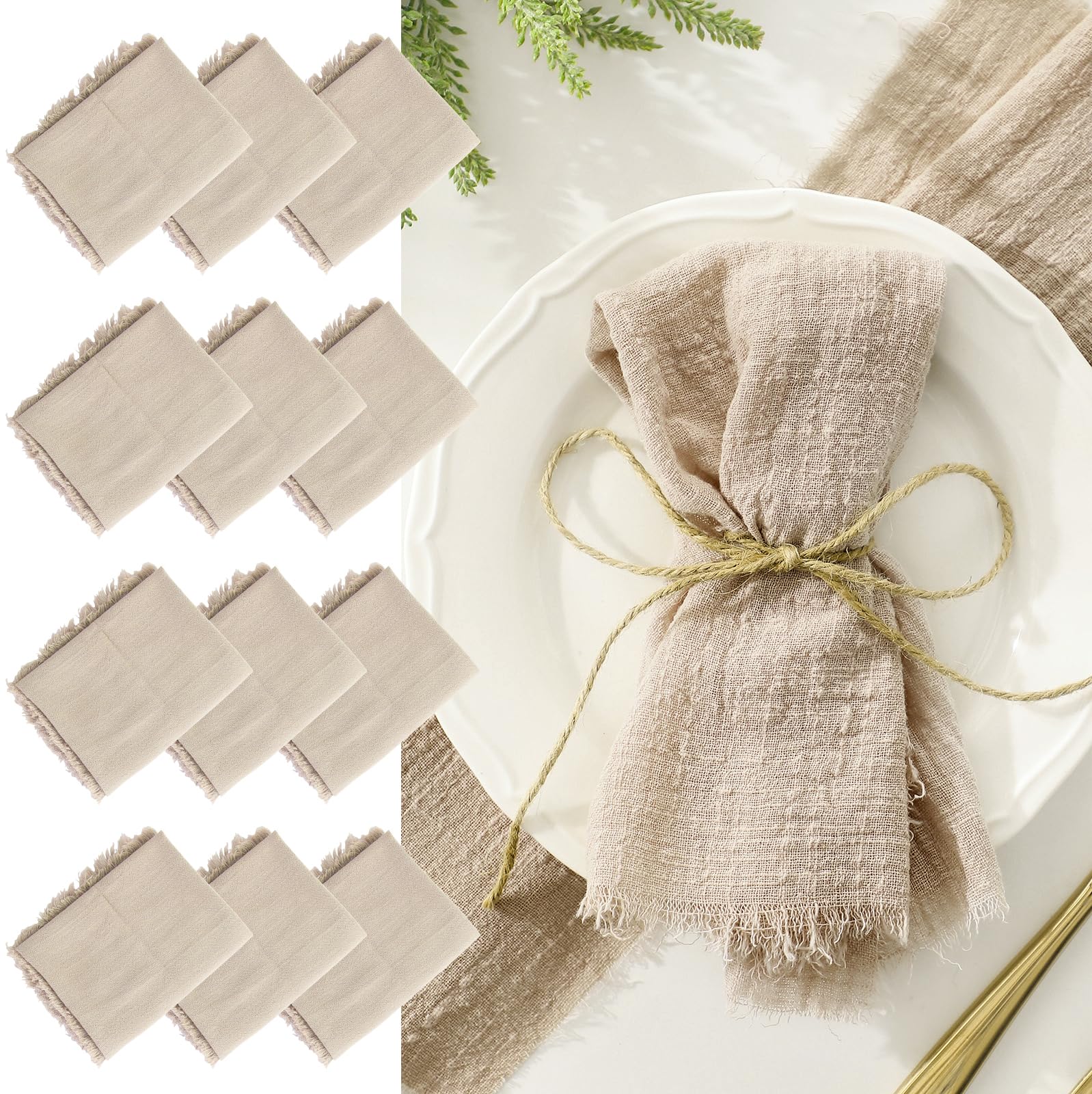 LALAGO Pack of 12 Linen Napkins, 45 x 45 cm Fabric Napkins, Washable Table Napkins with Tassels for Table Decoration for Sacramental Baptism (Beige)