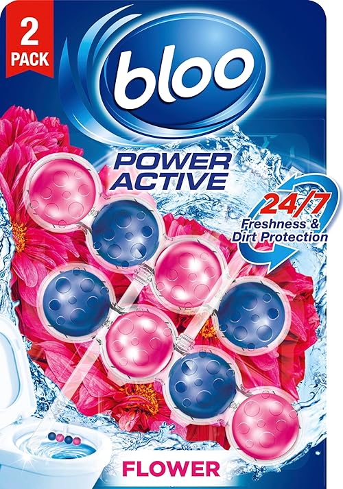 Bloo Power Active Toilet Rim Block Fresh Flowers, with Anti-Limescale, Cleaning Foam, Dirt Protection and Extra Freshness - Pack of 2 Rimblocks