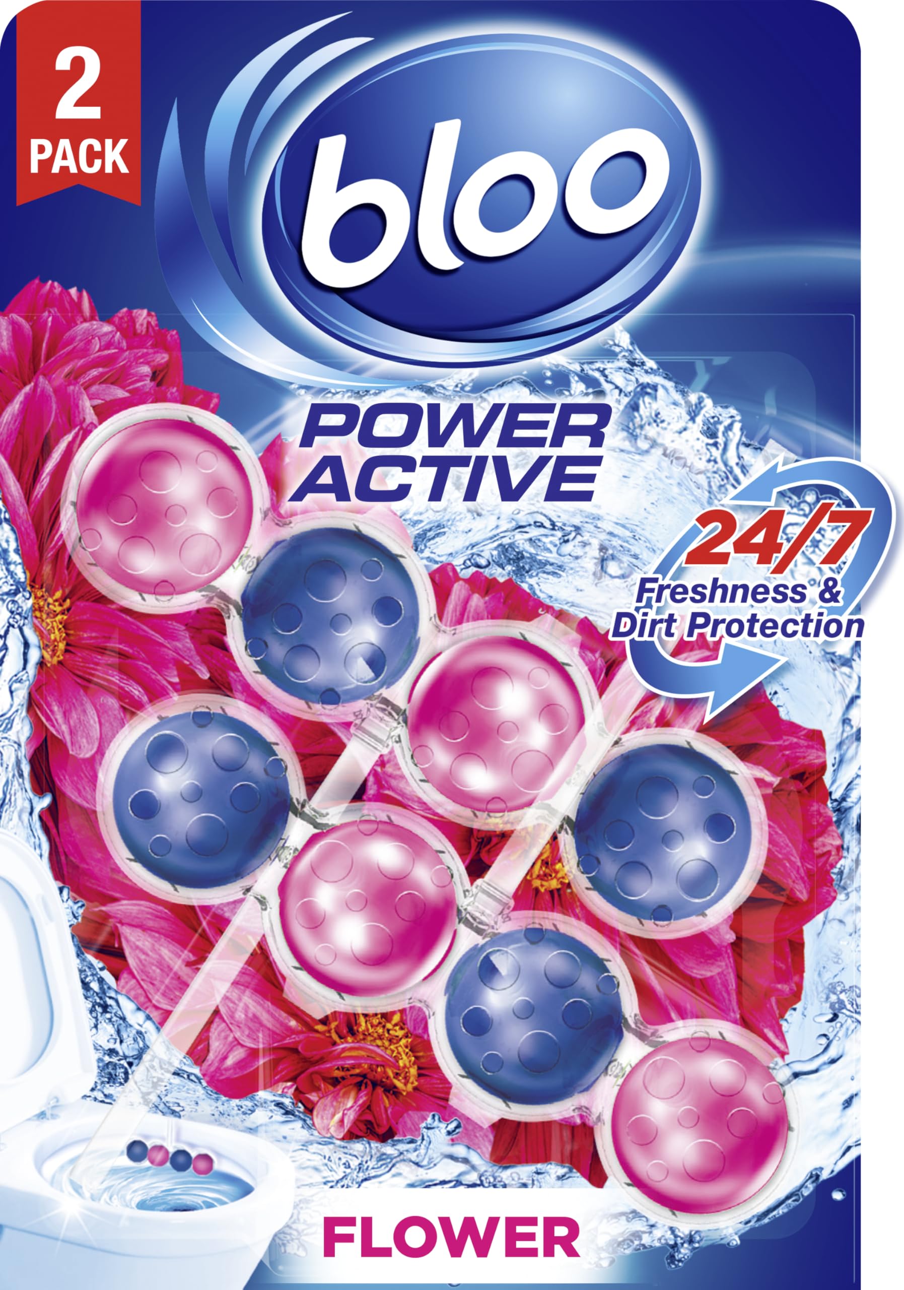 Bloo Power Active Toilet Rim Block Fresh Flowers, with Anti-Limescale, Cleaning Foam, Dirt Protection and Extra Freshness - Pack of 2 Rimblocks