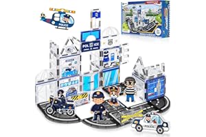 MAGBUBP 60PCS Police Station Magnetic Tiles Set with 6 Magnetic Dolls,Magnet Tiles Building Blocks for kids,Toy for Boys 3-5 4-8-12 Gifts,STEM City Police Toys Include Policeman,Puppy,Criminal,Vehicles,Prison
