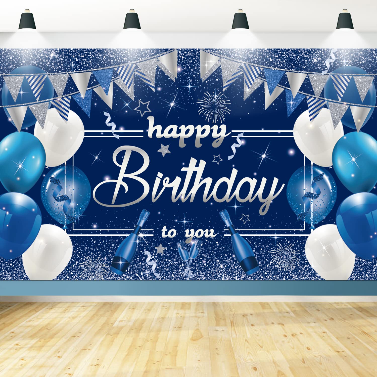 Happy Birthday Backdrop - Navy Blue & Silver Glitter Birthday Party Decoration Background