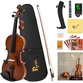 Poseidon 4/4 Violin Set for Kids Adults, Natural Matte | Natural matte finish, solid wood. Complete kit: case, bow, rosin, shoulder rest, tuner, extra strings. Ready to play.