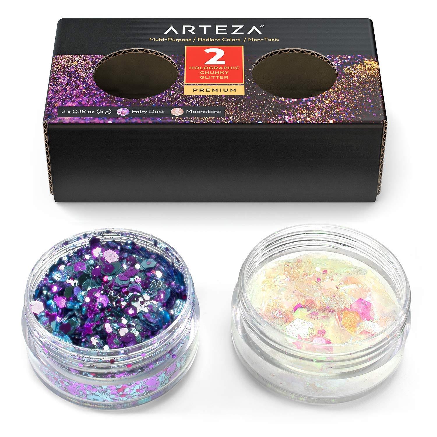 Arteza Chunky Glitter Flakes, Set of 2 Holographic Colours (Fairy Dust & Moonstone), 5 g Jars, Multi-Purpose, for Nail Art, Epoxy Resin, and Craft Projects