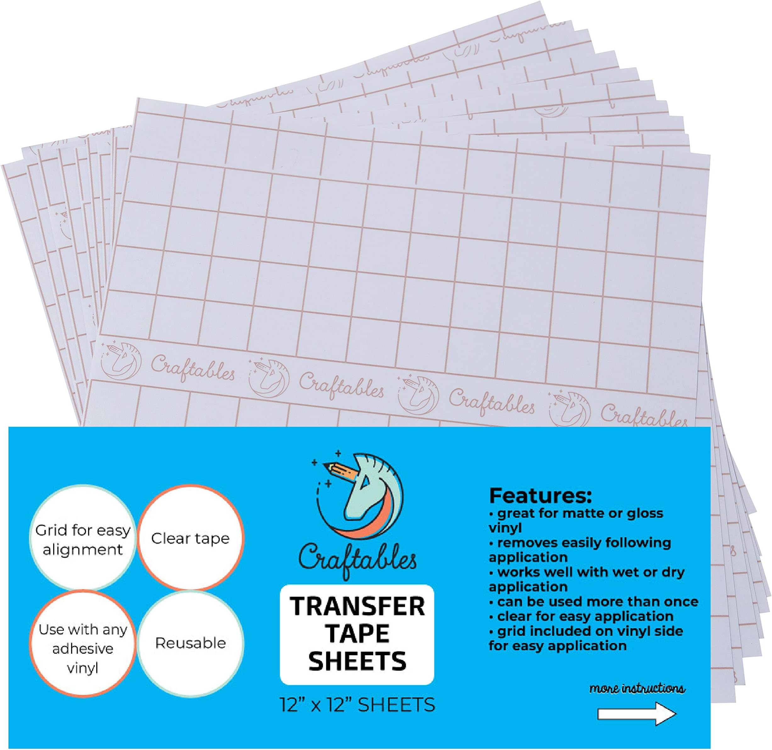 Craftables Clear Vinyl Tranfser Paper Tape Sheets w/Alignment Grid and Easy Release Paper | 12" x 12" (10 Sheets) Application Tape for Cameo, Cricut, Vinyl Decals, Signs, Windows, Stickers