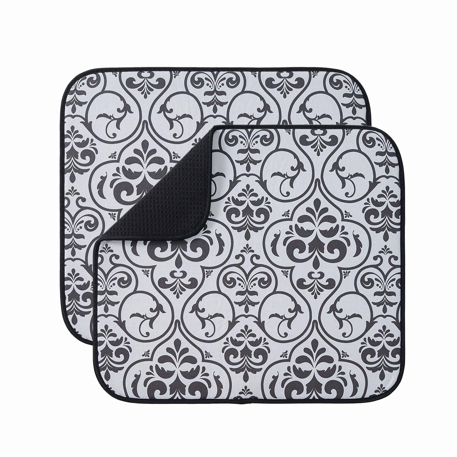 Microfibre Drying Mat for Kitchen Dish Drying Drainer Mat Absorbent Drying Mat Washing Up for Glass, Plate &Cup 40cm x 46 cm 2 Pack Black Leaf