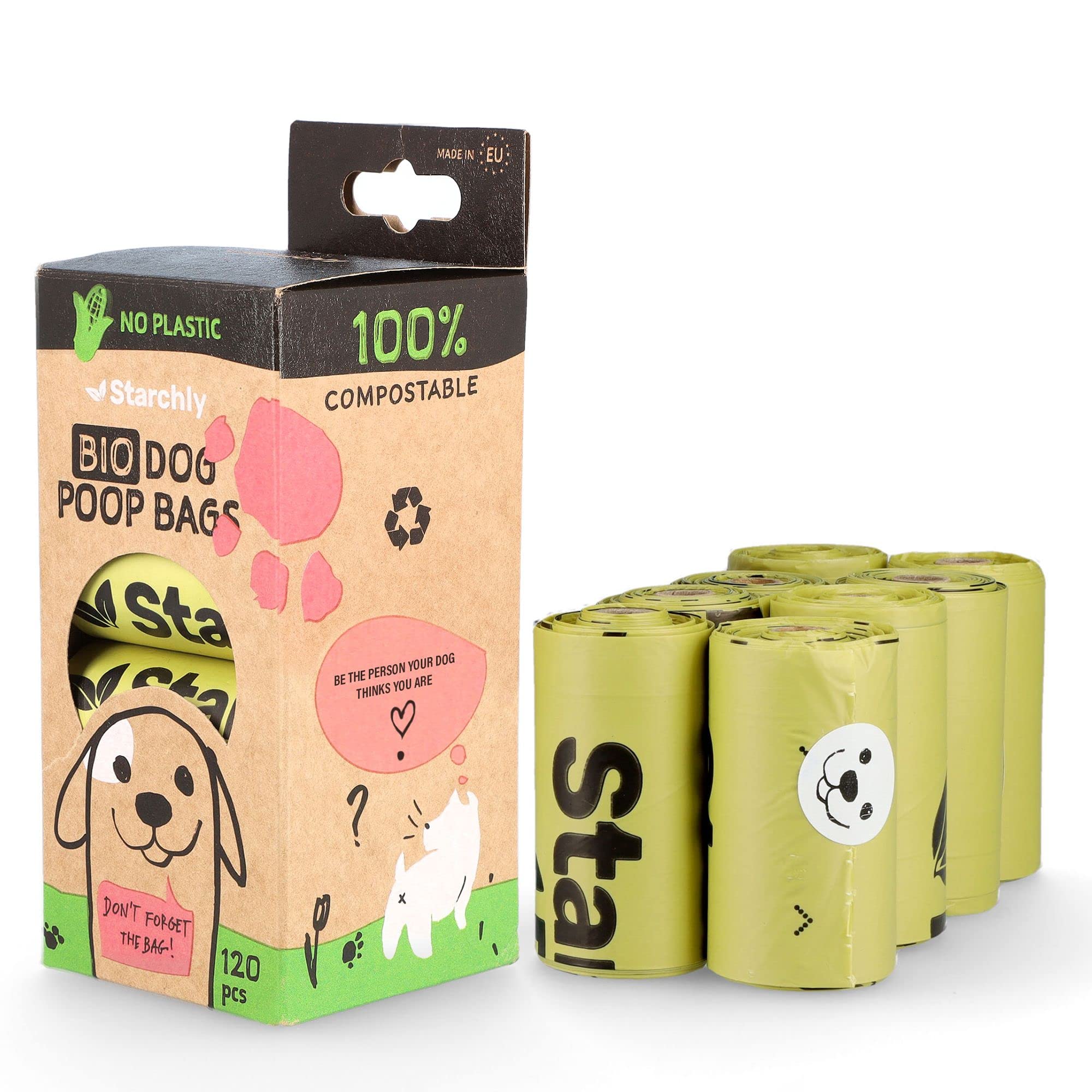Starchly Compostable Poo Bags for Dog Waste Ecofriendly Leak Proof Starch-based Materials - 120 Bags (8 rolls of 15), Green