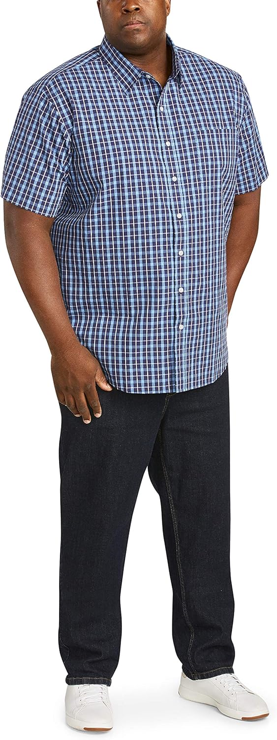  Essentials Men's Big & Tall Short-Sleeve Plaid Shirt fit by DXL: Clothing