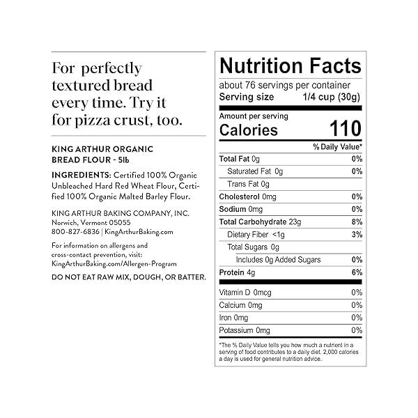 KING ARTHUR UNBLEACHED ORGANIC BREAD FLOUR – HIGH PROTEIN 12.7% FOR LOFTY YEASTED BREADS, NON-GMO, KOSHER CERTIFIED – PREMIUM BAKING FLOUR FOR ARTISAN LOAVES, PIZZA DOUGH, AND SOURDOUGH (5 LBS)
