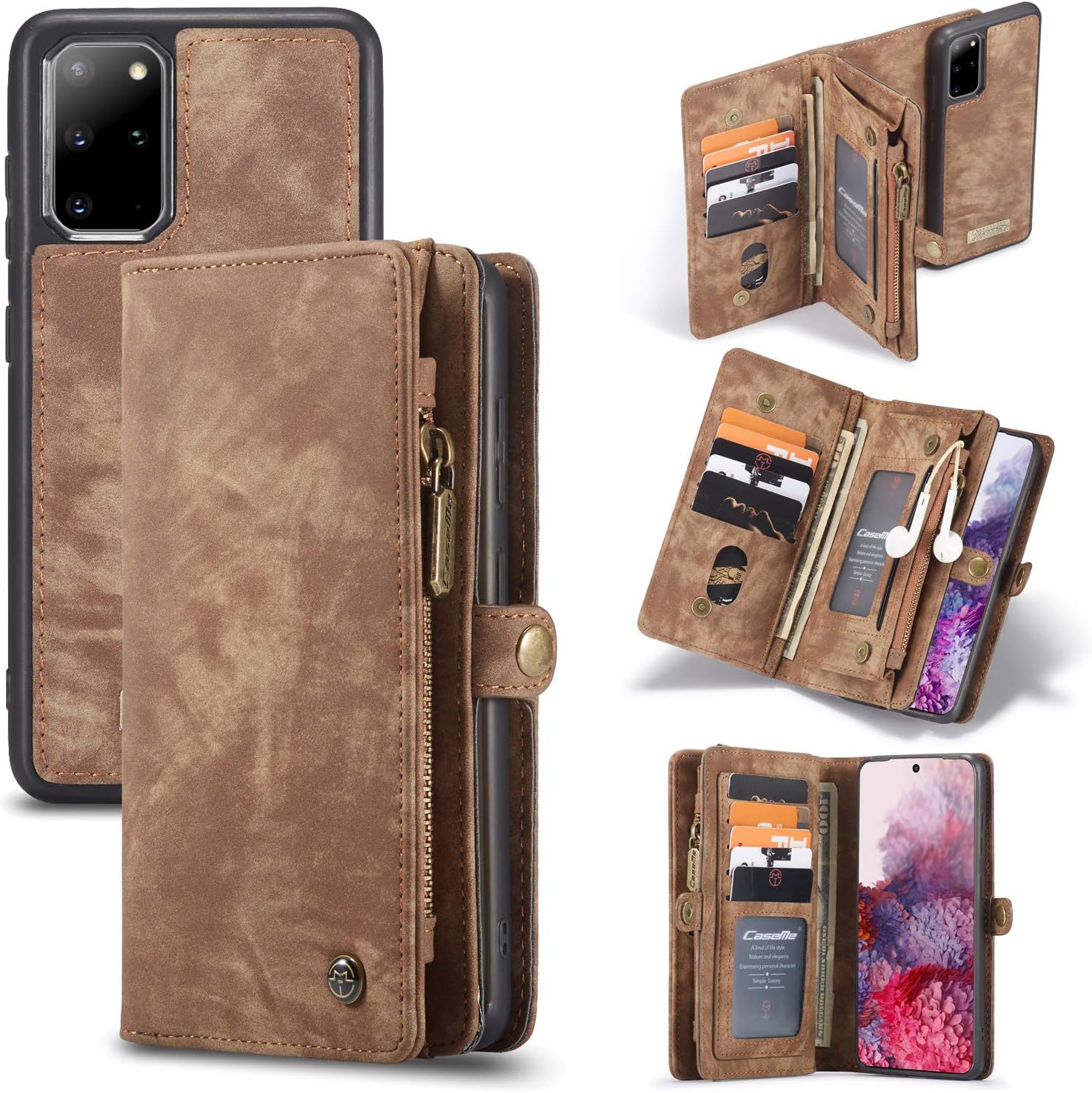 ANROD Detachable Leather Wallet Case for Samsung Galaxy S20 Plus,CaseMe Magnetic Closure 2-in-1 Flip TPU Shockproof Zipper Purse Back Cover with Card Slots (Coffee) - Image 3