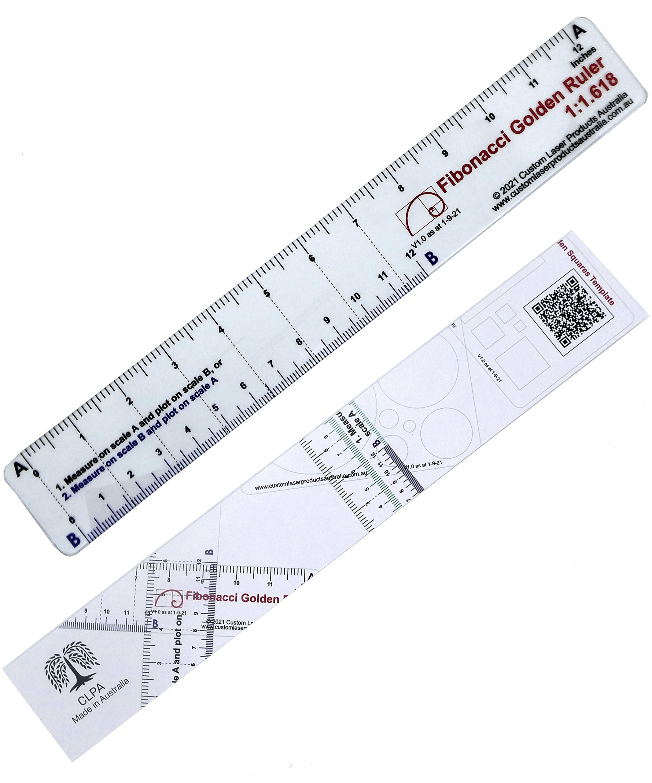 CLPA 12" No-Math Fibonacci Ruler — Flexible Clear PETG | Fibonacci Proportions Without Arithmetic | Drawing, Drafting and Layout | Made in Australia — image 1