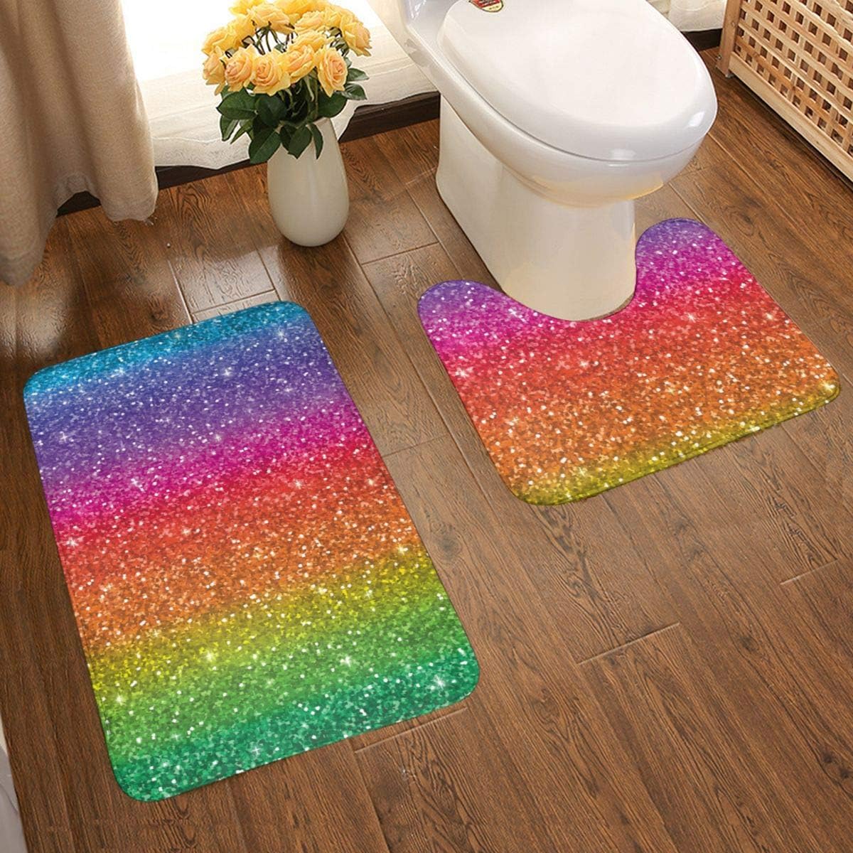 Glitter Rainbow Bathroom Rug Mats Set 2 Piece AntiSkid