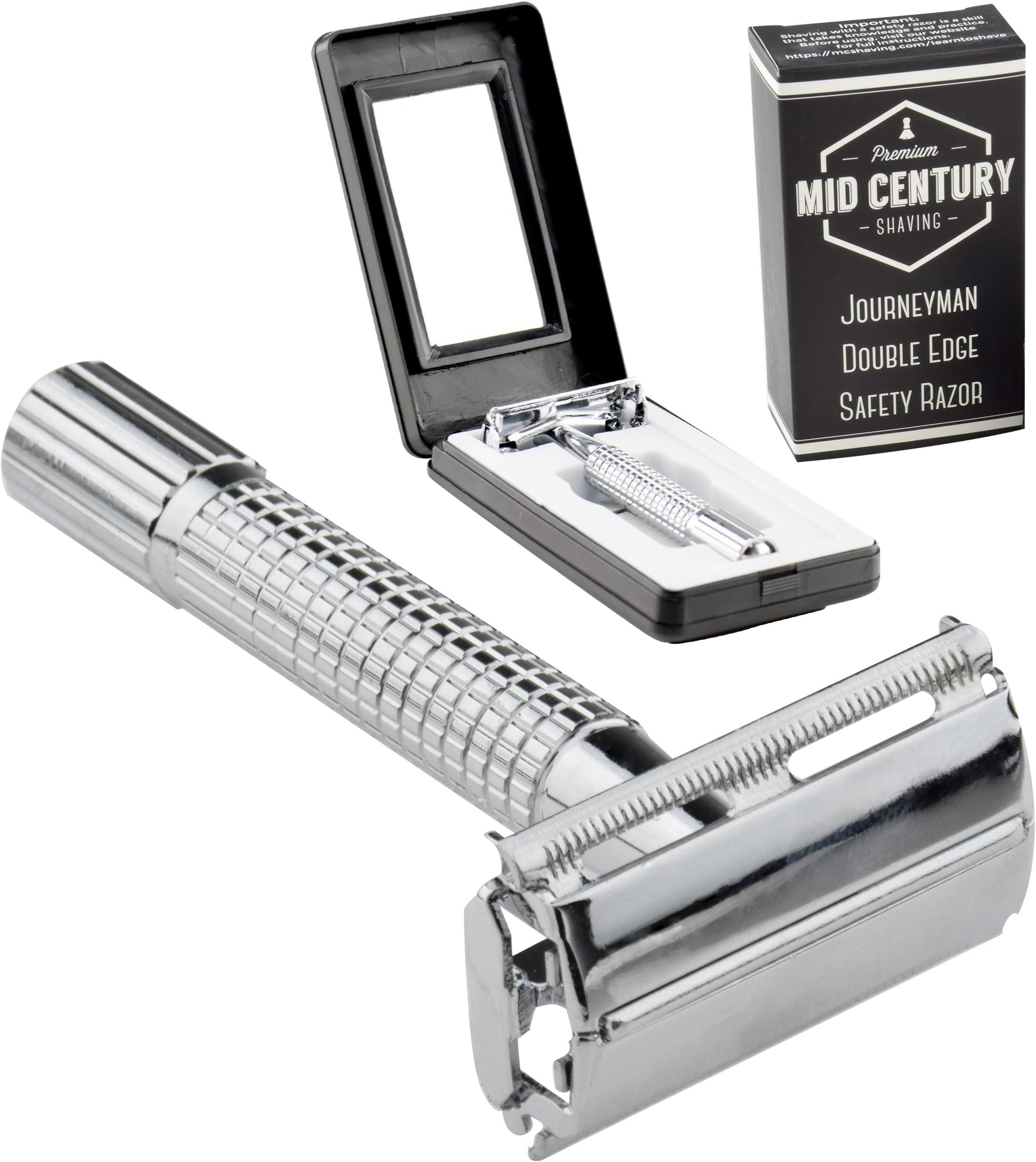 Journeyman Safety Razor with safe-grip handle & 5 Double Edge (DE) Blades and Travel Case - Single Blade Butterfly/TTO Open Shaving Kit - Old Fashioned Classic Edged Wet Shave Set