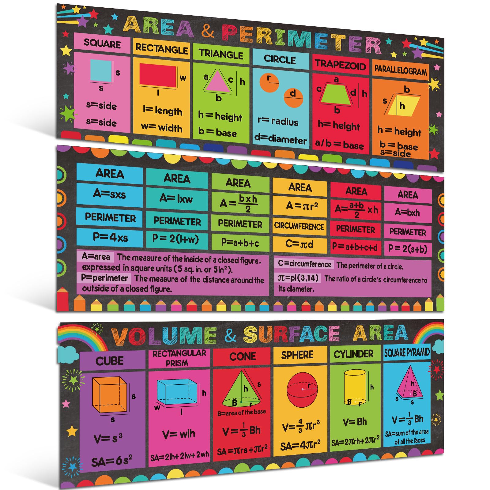 Photo 1 of Pasimy 3 Pack Math Posters Mathematics Educational Banners Decor Math Bulletin Board Charts Mathematics Posters Wall Decor for Elementary Middle School Classroom Decorations(Geometry)