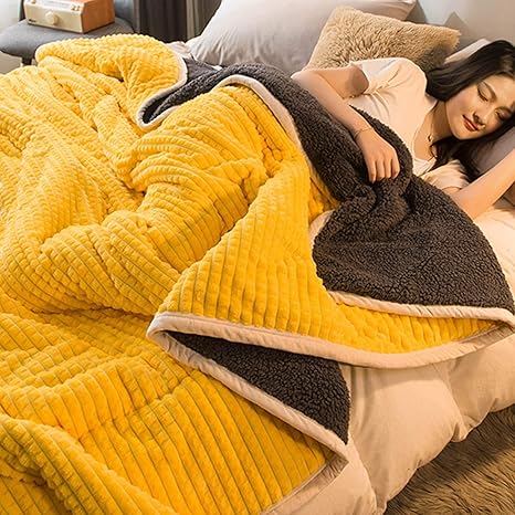 Amazon ブランケット 肌掛け布団 縞模様 無地毛布 冬用 二枚合わせ 両面使える 防炎 静電防止 柔らかい肌触り もふもふ 吸湿発熱 洗える 大判 厚手 セミダブル お昼寝用 アウトドア 寝室 イエロー ブランケット 毛布 オンライン通販
