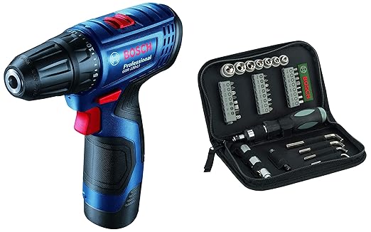 Bosch 06019G80F1 GSR120-Li Cordless Drill Driver, 12V Single Battery with Bosch Screwdriver Set (38-Pieces)