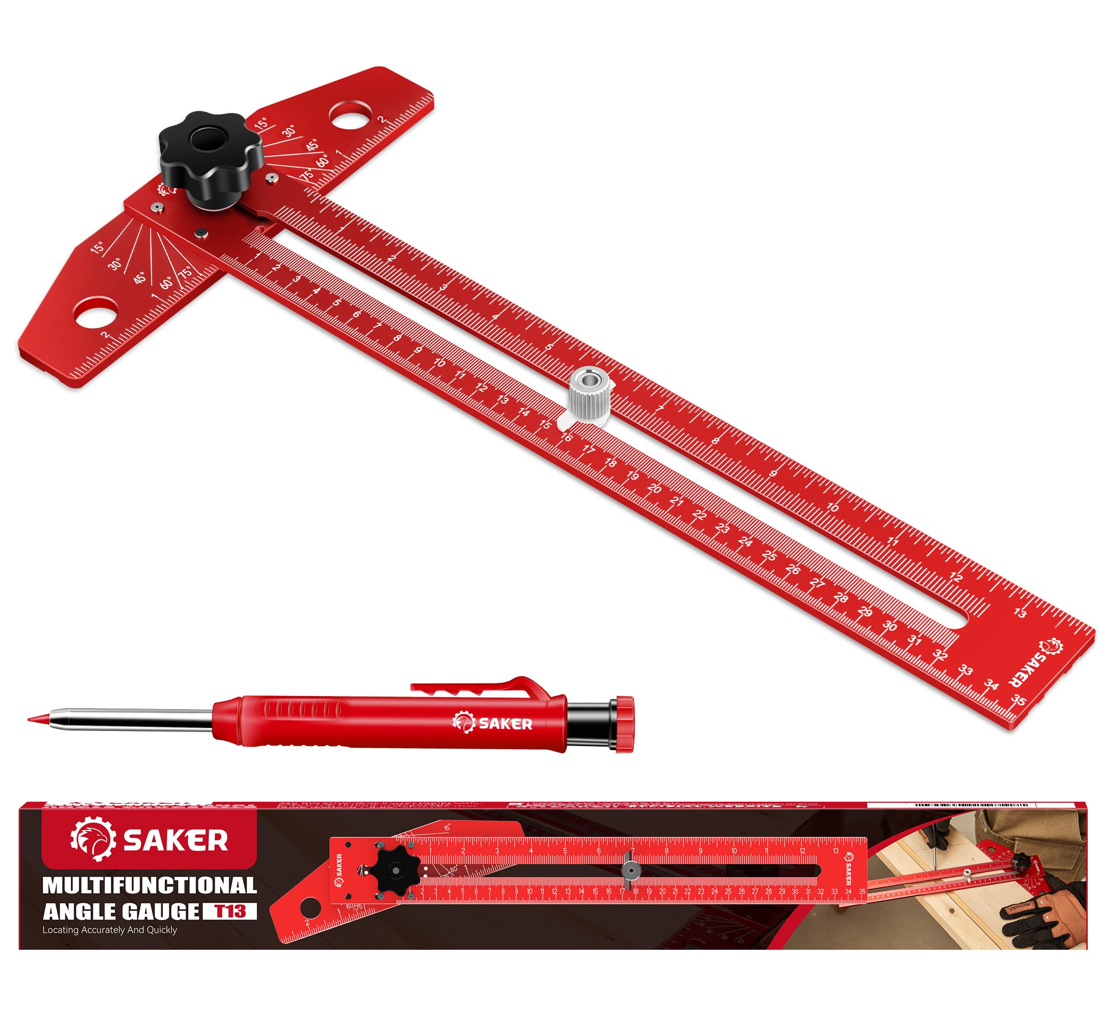 Saker Aluminum Alloy Sliding T-Square, Precision Angle Adjustment Scriber Marking Line Drawing Aid, Adjustable