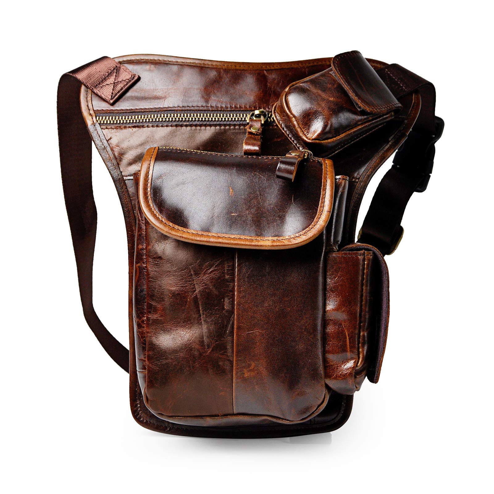 Le'aokuu Mens Genuine Leather Messenger Motorcycle Tactic Hip Bum Belt Waist Pack Drop Leg Thigh Bag (3106 Coffee)