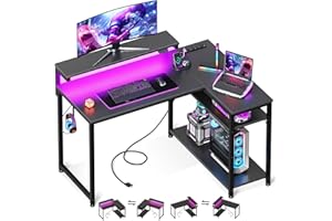 MOTPK L Shaped Gaming Desk with Power Outlet, Reversible Gaming Desk with Height Adjustable Monitor Stand, Gaming Computer Desk 43inch with LED Lights, Home Office Desk, Black