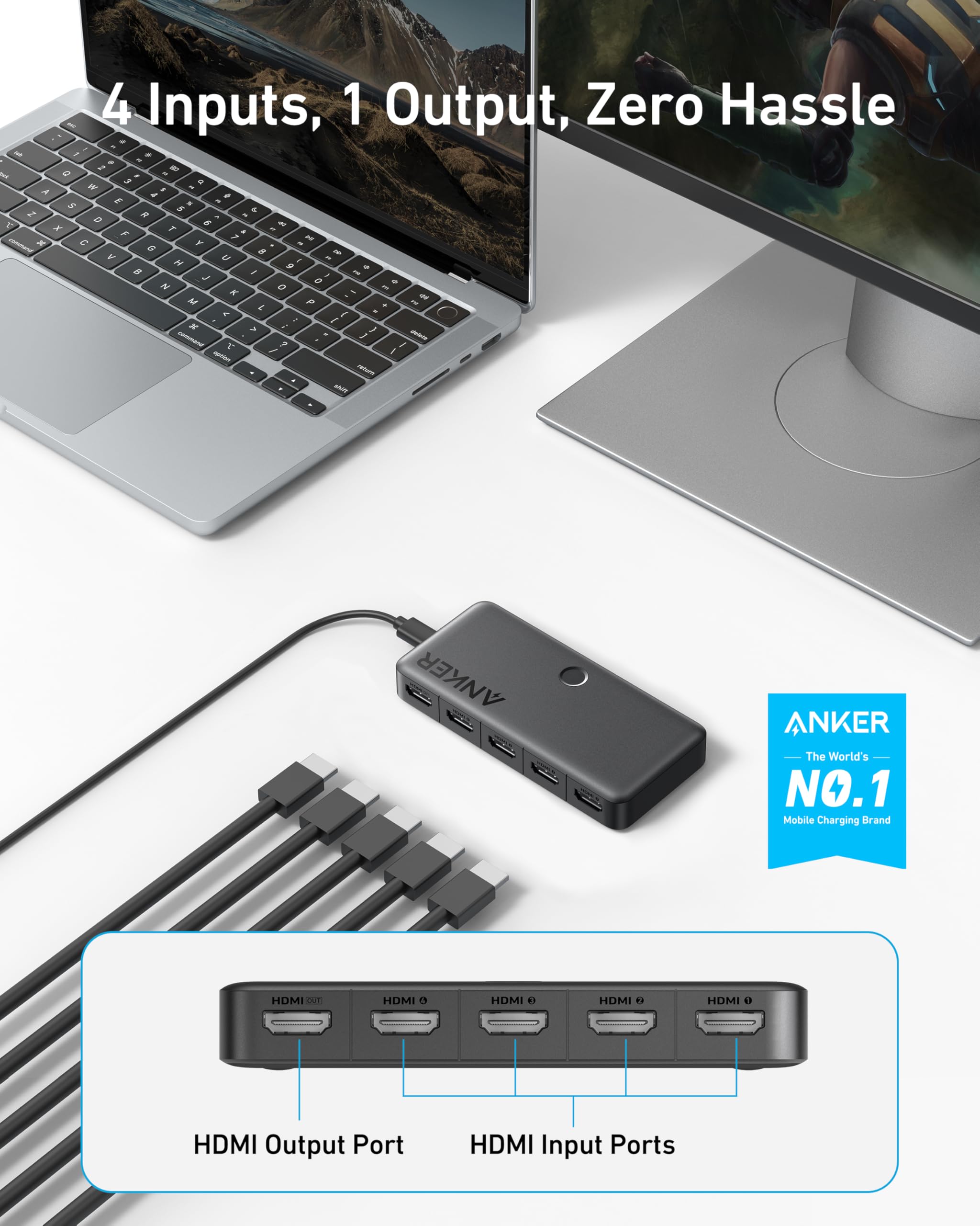 Anker HDMI Switch, 4K@60Hz HDMI Switcher, 4 in 1 Out with Smooth Finish, Supports HDR, 3D, Dolby, DTS, Compatible with Laptops, PC, Xbox, Projector (Charger and Remote Control Batteries Not Included)