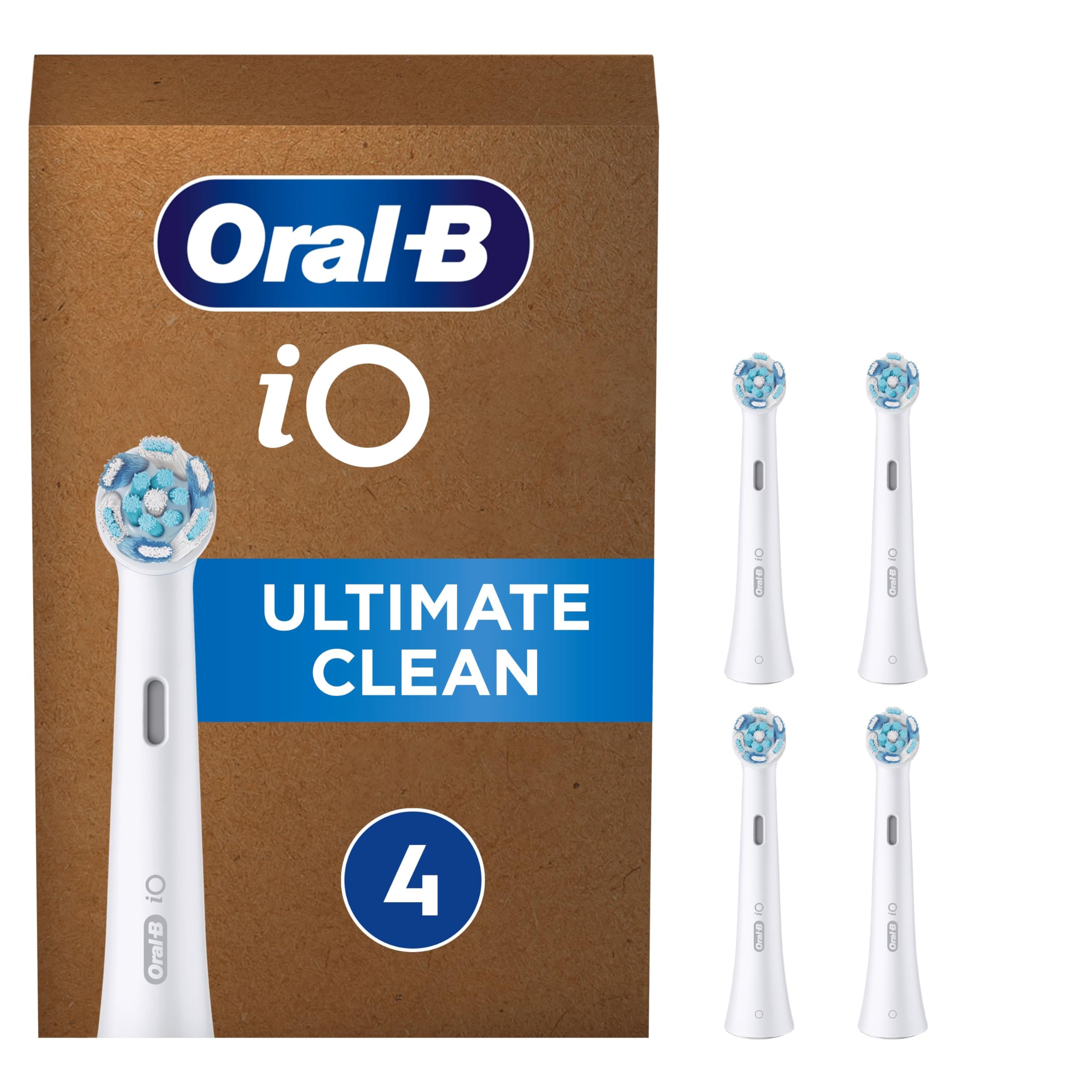 Oral-B iO Ultimate Clean Electric Toothbrush Head, Oral B Electric Toothbrush Heads, Twisted & Angled Bristles for Deeper Plaque Removal, Pack of 4 Toothbrush Heads, Suitable for Mailbox, White