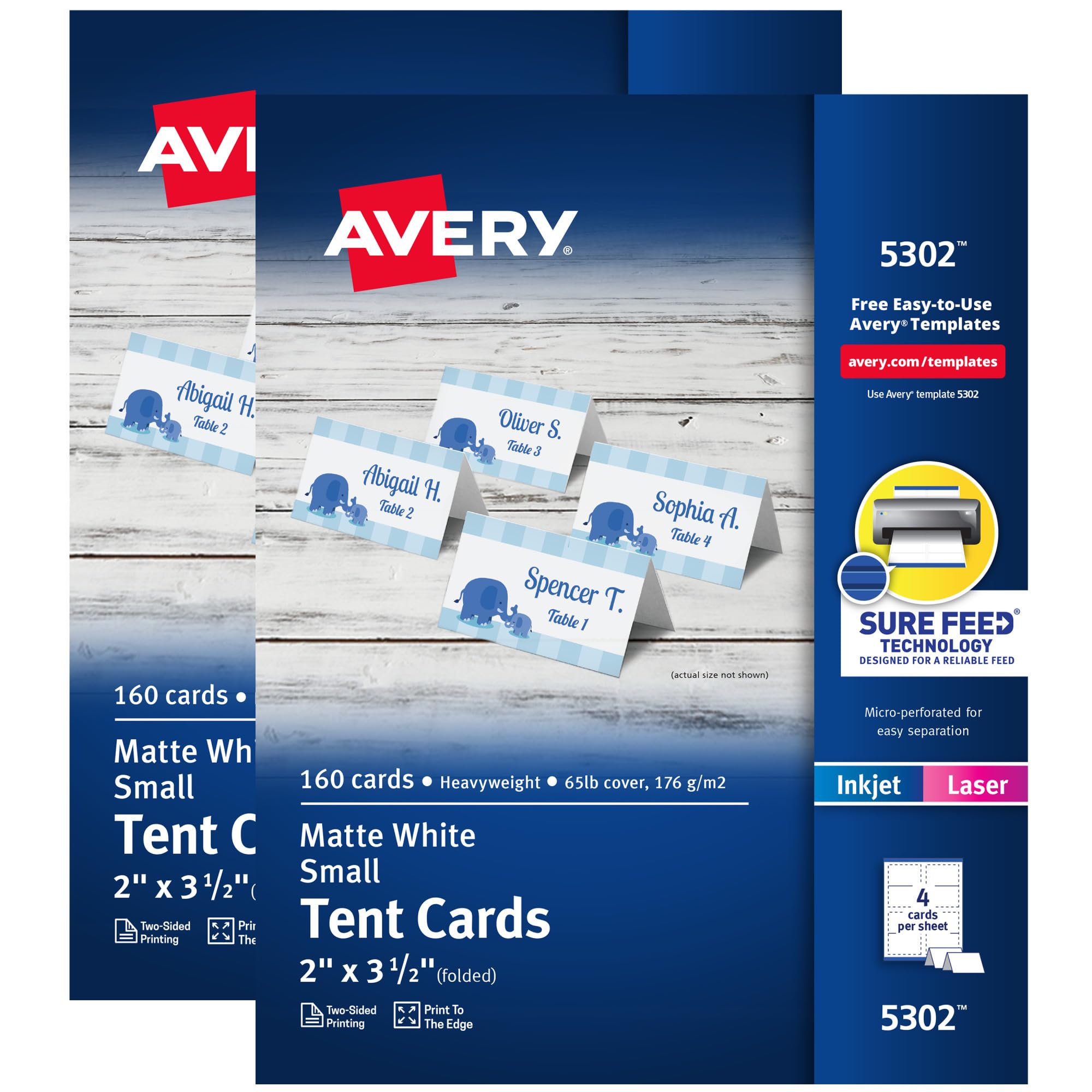 AVERY Printable Small Tent Cards, 2" x 3.5", Two-Sided Printing, Matte White, 2 Pack, 320 Cards Total (5812)