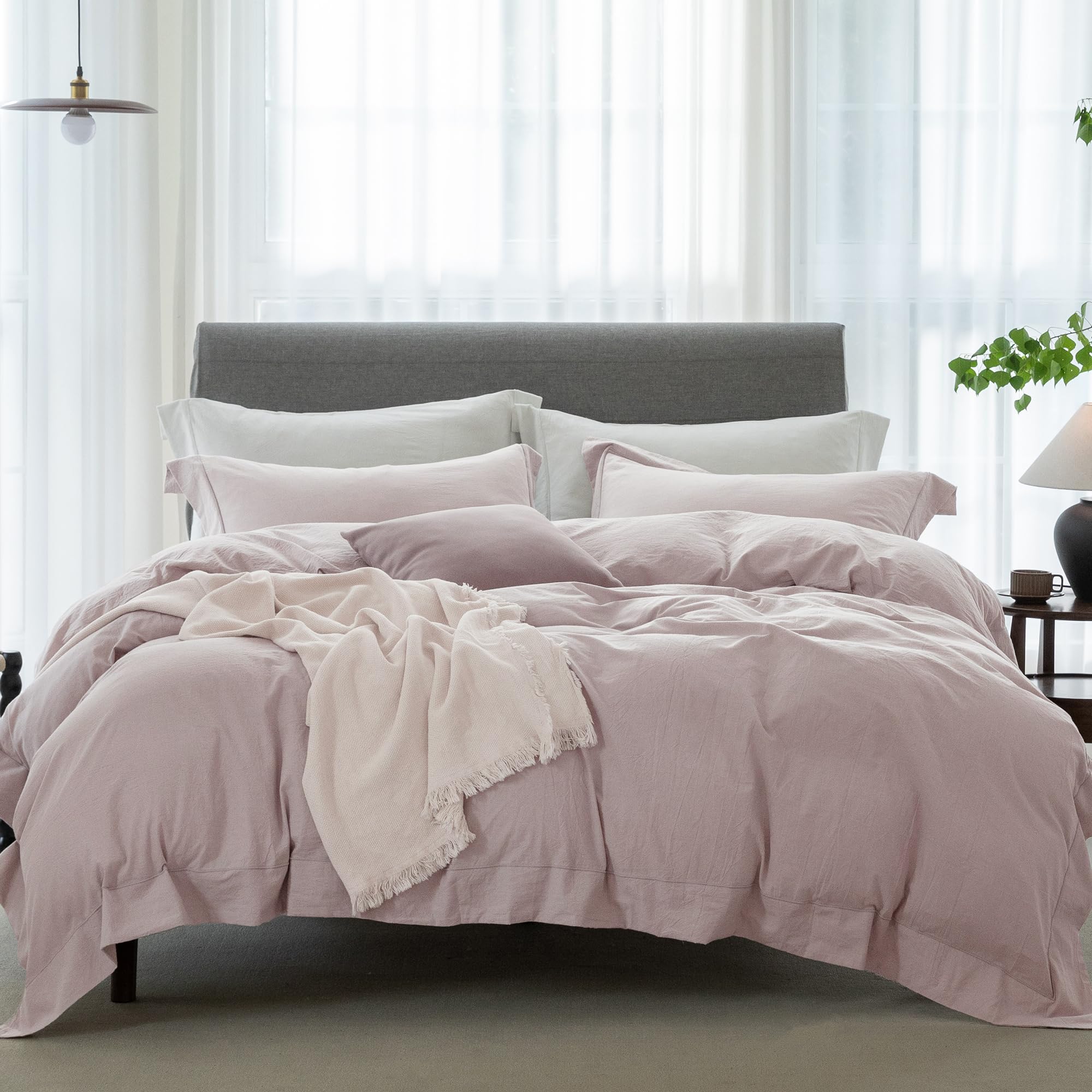 Photo 1 of **MISSING ONE PILLOW CASE**Cooling Full Duvet Cover Set 3 Pieces-100% Washed Cotton with Chic Wide Trim Design Linen Like Textured Ultra Soft Cozy Bedding with Zipper Closure(Hemmed Grey Pink,Full 80"x90")