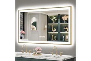 AWANDEE 50x30 Gold Framed LED Bathroom Mirror with Lights, Backlit & Front Lit, Anti-Fog Metal Frame Lighted Vanity Mirror for Bathroom Wall, 3 Colors, Dimmable, Memory, Shatter-Proof Tempered Glass