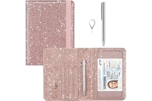 HOTCOOL Passport Holder UPGRADED VERSION Leather Passport Accessories for Women Men Wallet Travel Cover Case, with 11 Pockets, Pen and Pin, RFID Blocking and Elastic Strap, Glitter Rose Gold