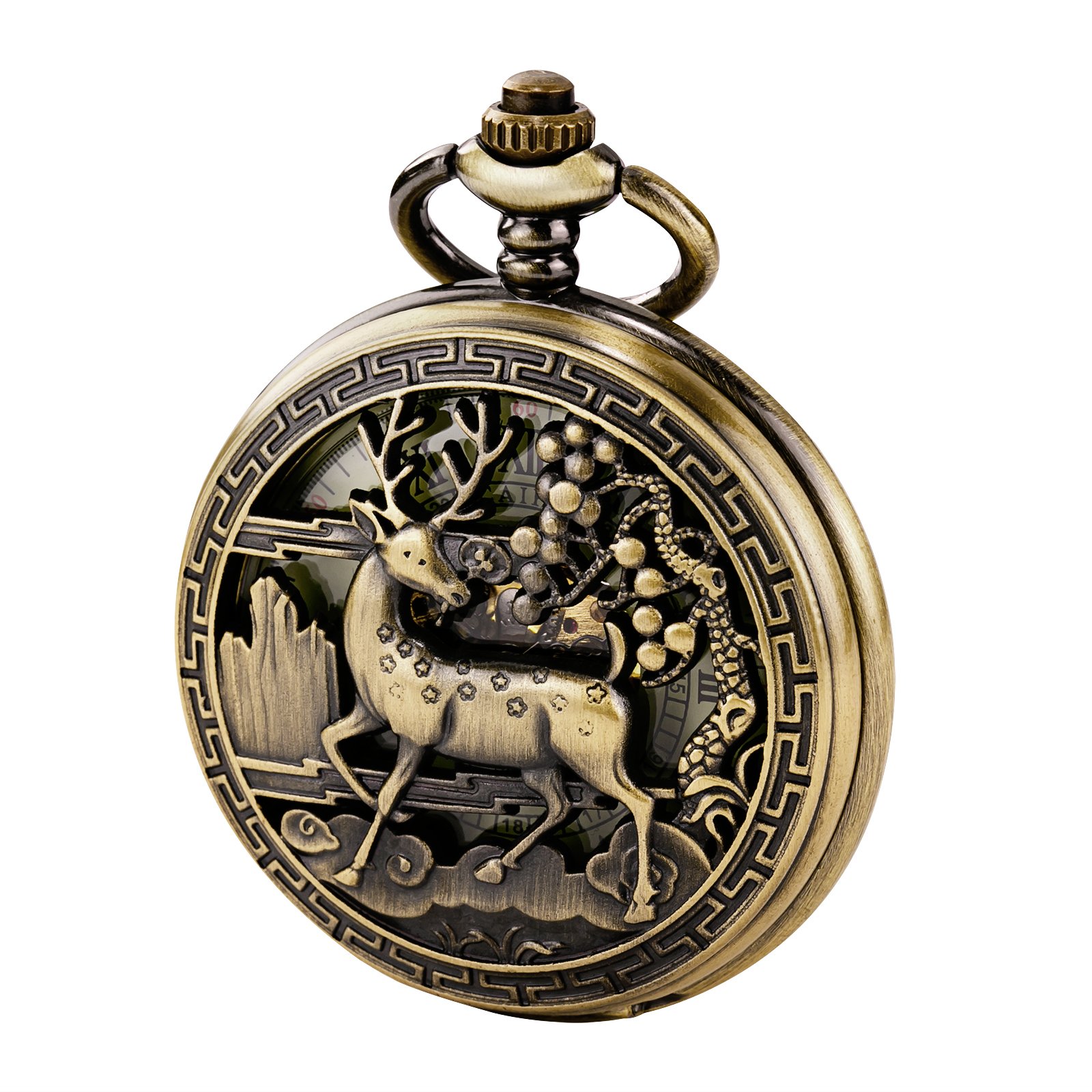 TREEWETO Vintage Pocket Watch Mechanical Double Cover Hollow Case Skeleton Steampunk Deer Case Men Women, Bronze