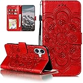 EYZUTAK Case for iPhone 17, Premium PU Leather Magnetic Closure Flip Wallet Phone Case with Card Holder Cash Slot Stand Function Embossed Mandala Flower Shockproof Lanyard Cover - Red