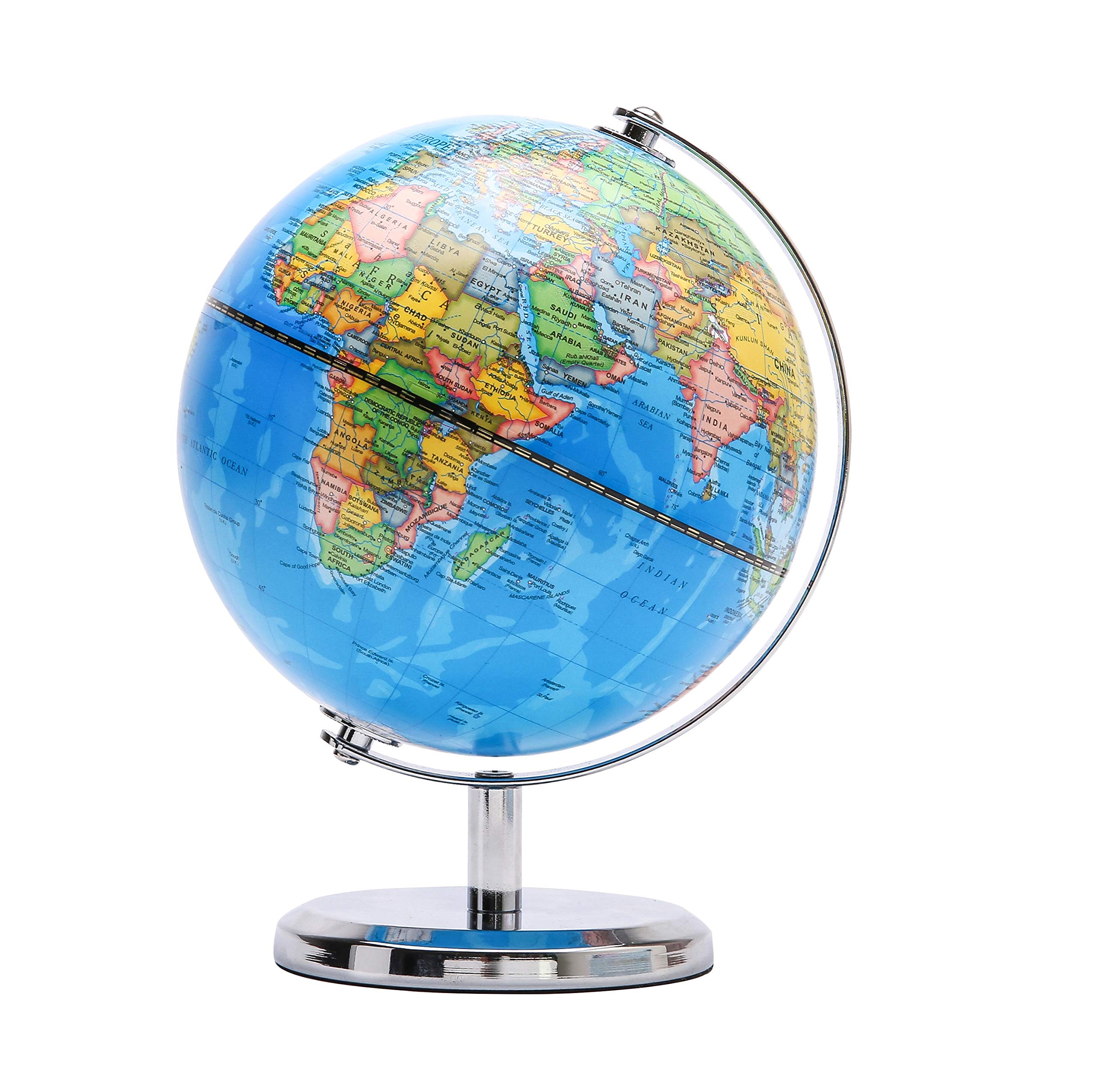 Exerz 14cm World Globe Political Map Mini globe - Educational/Geographic/Modern Desktop Decoration 14cm Diameter - Stainless Steel Arc and Base - School, Home, and Office