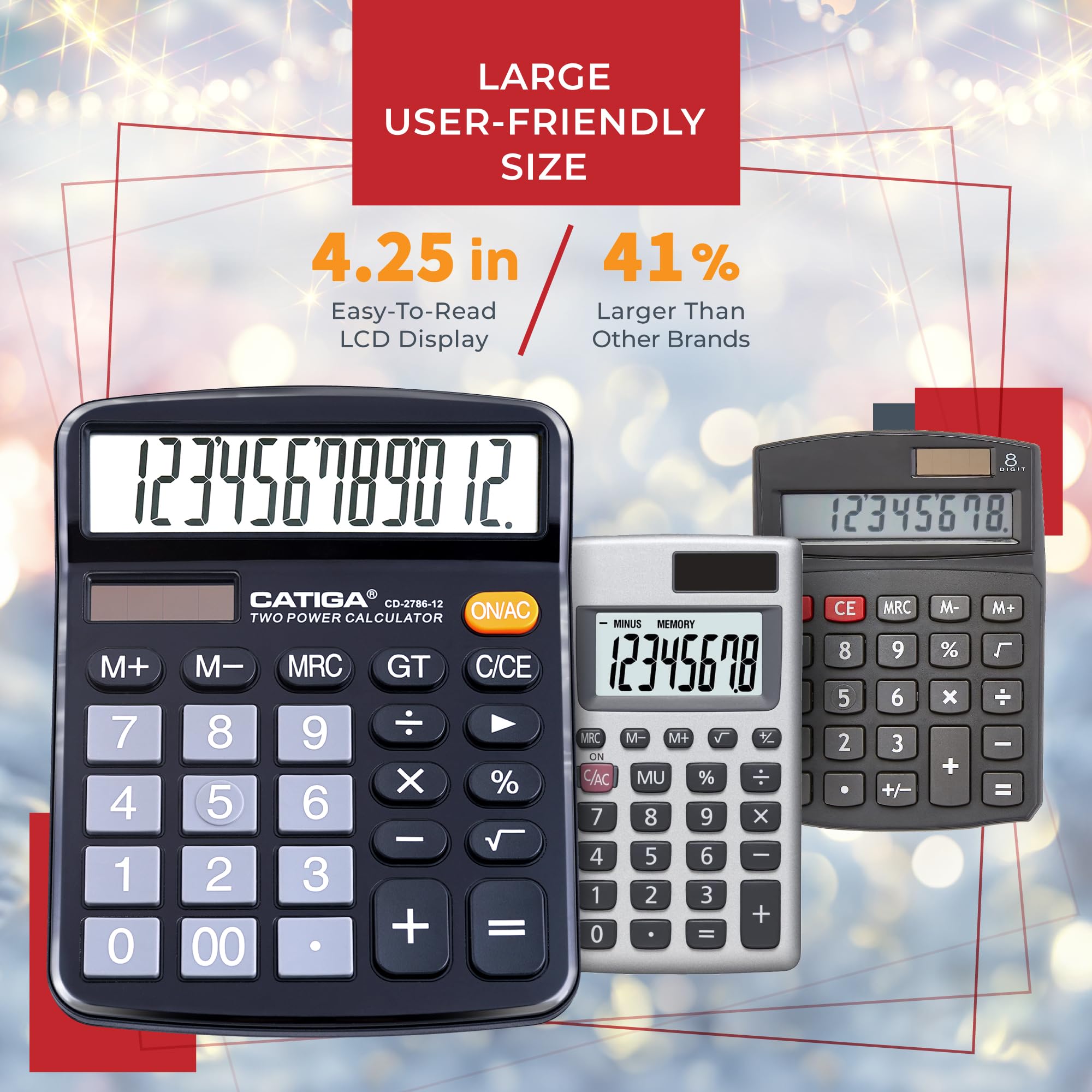 CATIGA 12 Digits Desktop Calculator with Large LCD Display and Sensitive Button, Dual Solar Power and Battery, Standard Function for Office, Home, School, CD-2786