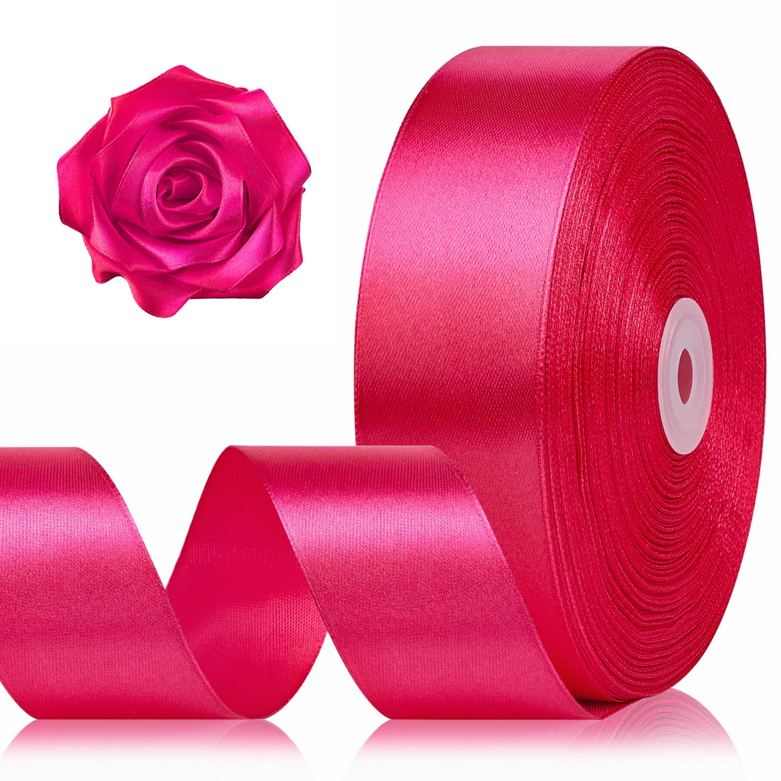 Photo 1 of 1-1/2 Inch 100 Yards Hot Pink Satin Ribbon, Rose Red Solid Fabric Ribbon Roll for Flower Bouquet, Gift Wrapping, Roses Making, Handmade Crafts