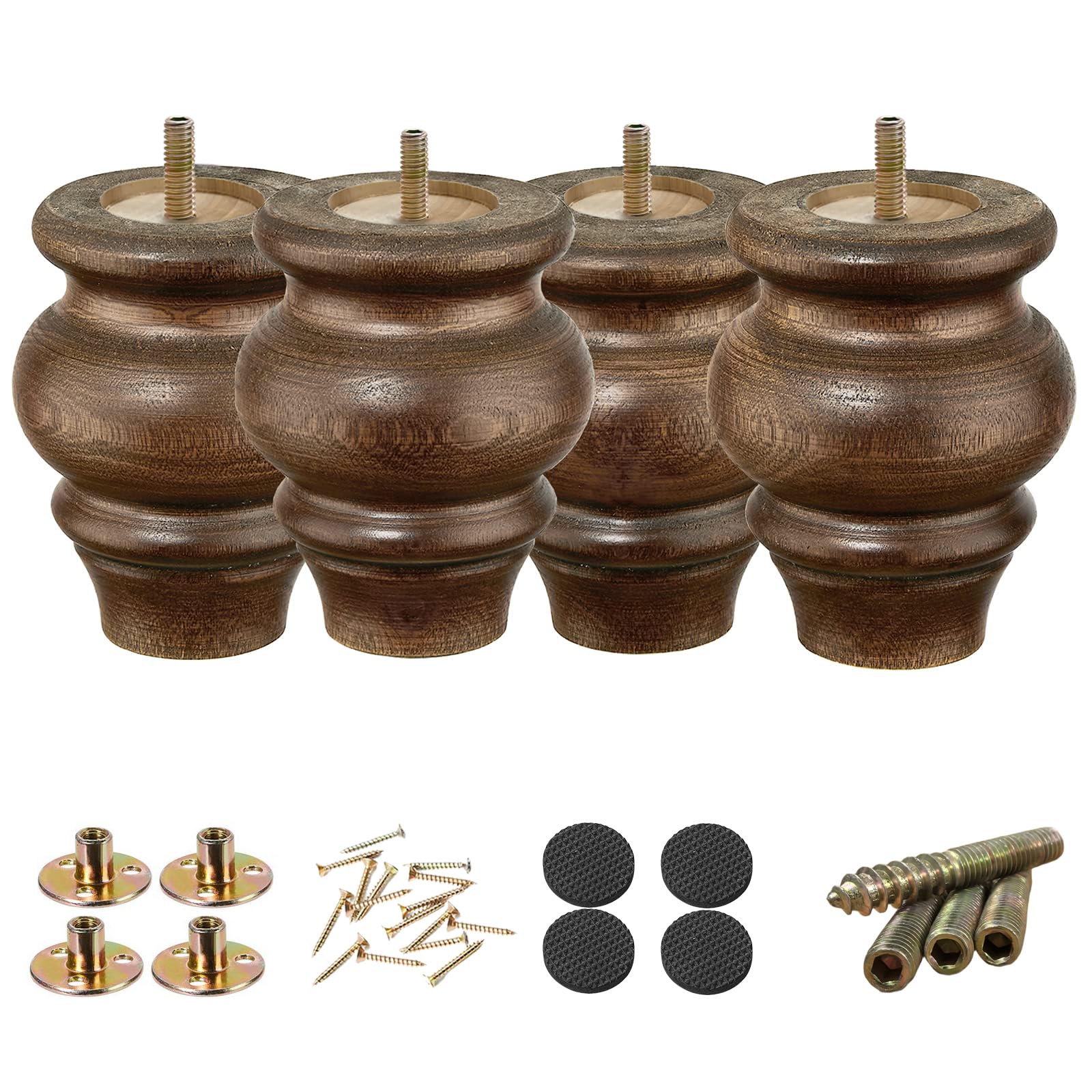SHANJUE Wood Furniture Legs 3.5 inch Sofa Legs Set of 4 Round Brown Couch feet Sofa Replacement Parts for cabinets Armchair Recliner Coffee Table
