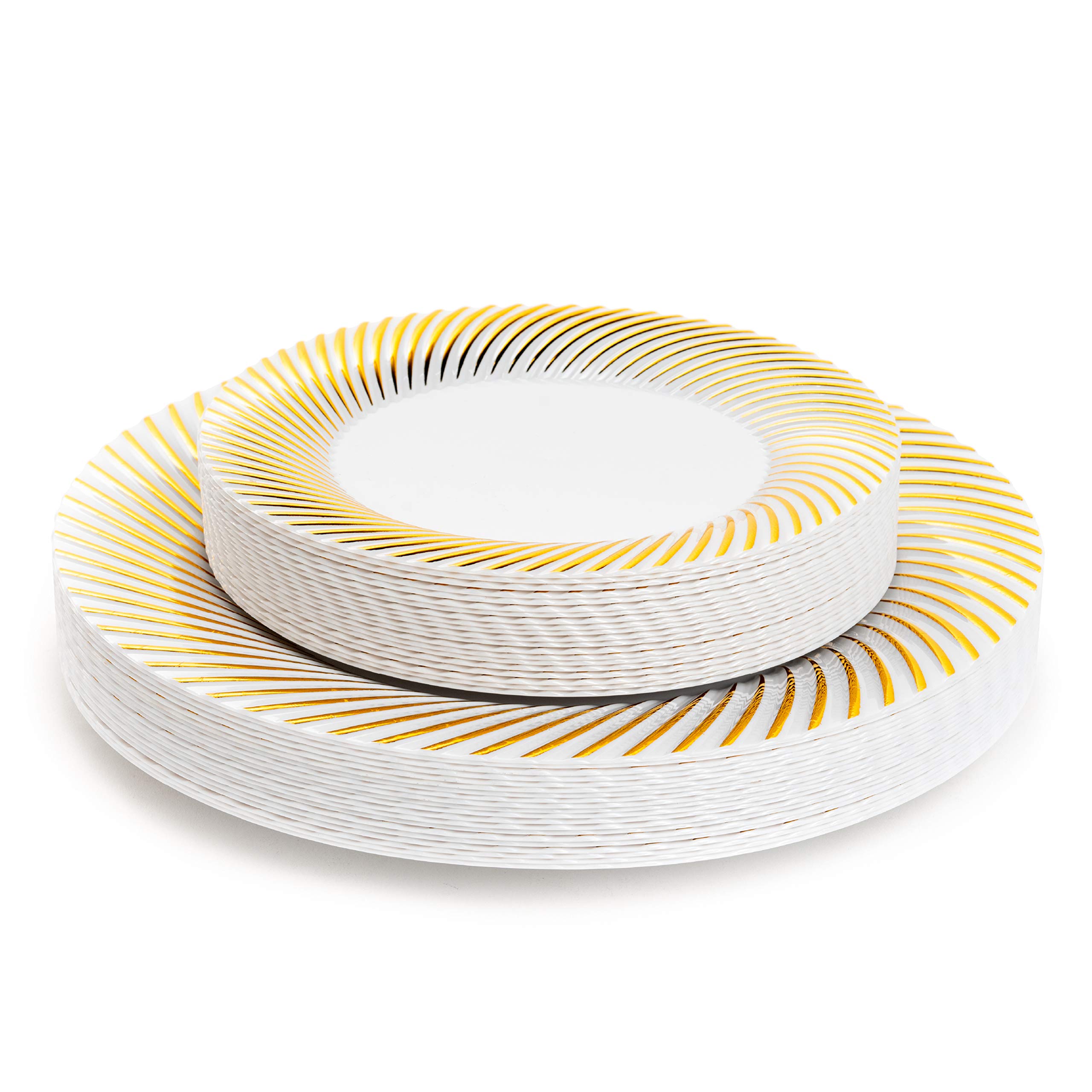 MATANA 40 Premium White Plastic Plates with Gold Rim - 2 Sizes: 20 Dinner & 20 Dessert Plates - Elegant & Reusable - Weddings, Birthdays, Christmas, Parties