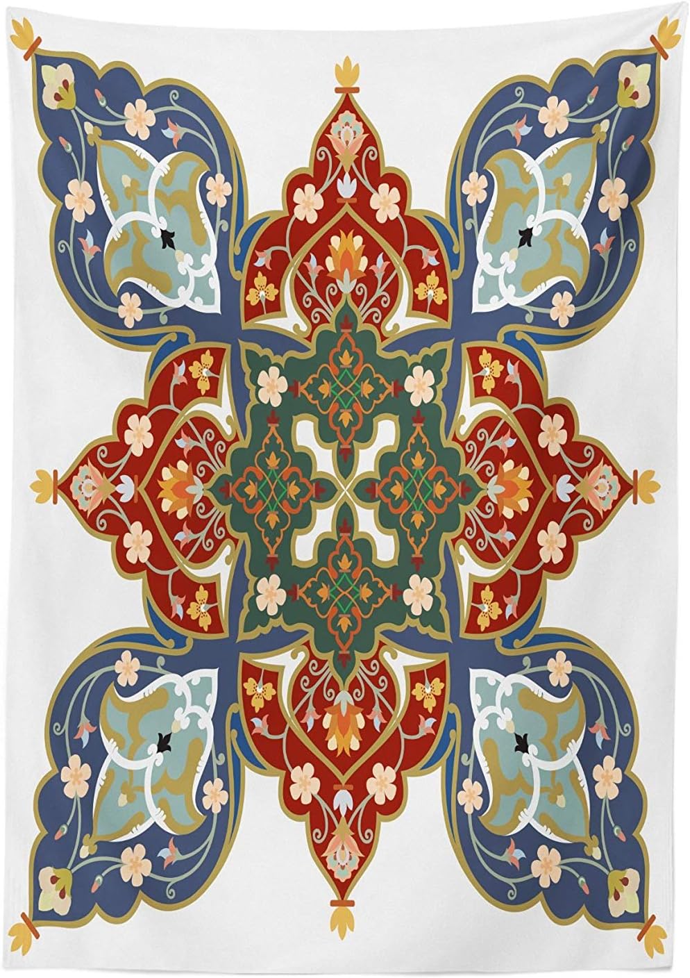 Yeuss Oriental Tablecloth, Turkish Ottoman Arabic Eastern Decor Flowers Moroccan Image,Dining Room Kitchen Rectangular Table Cover,White Ruby Turquoise Cadet BLue,60x90 inch