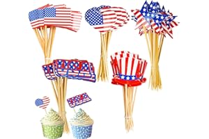 Uptotop 100 Pcs USA American Flag US Toothpick Flags, Mini Stick Cupcake Toppers, 4th of July, Veterans Day, Country Picks Party Decoration Celebration Cocktail Food Bar Cake Flag (5 Pattern)