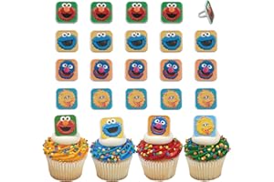 DECOPAC Sesame Street Rings, 24 Cupcake Toppers Featuring Elmo, Big Bird, Cookie Monster, Grover, Bright Colorful Cupcake Decorations, Food Safe - 24 Pack