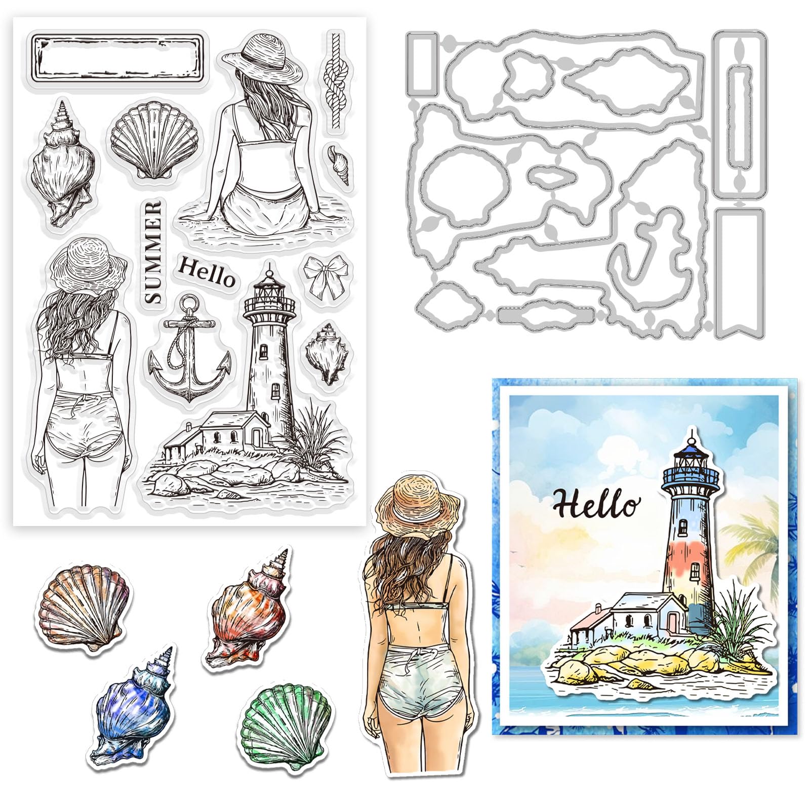 GLOBLELAND 2Pcs Summer Seaside Woman Clear Stamps and Cutting Dies Silicone Clear Stamps Cards and Metal Die Cuts for Card Making and DIY Embossing Scrapbooking