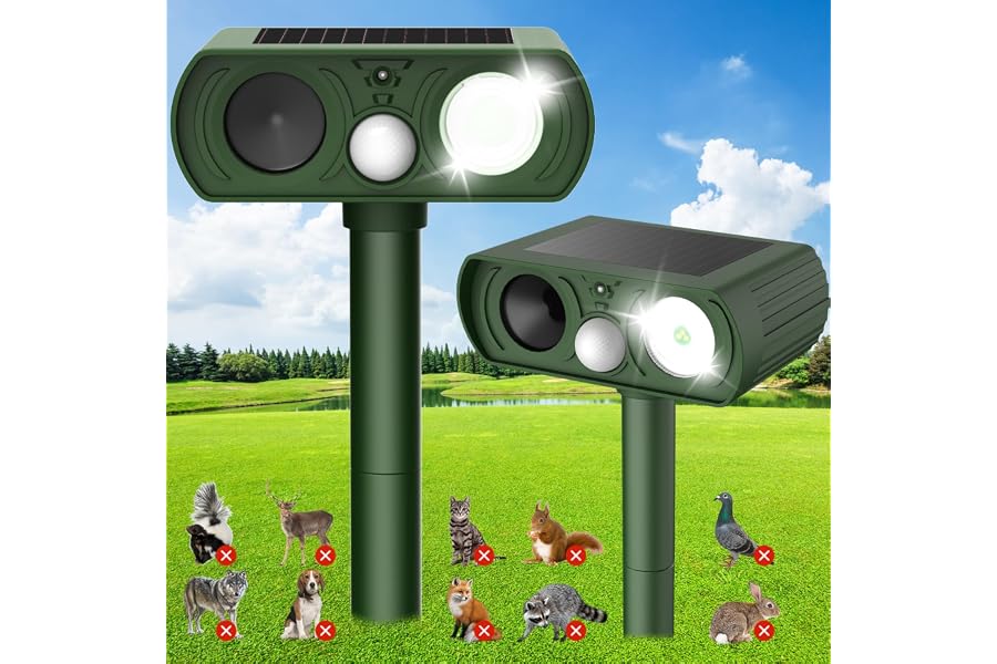Solar Ultrasonic Animal Repellent, Deer Repellent Devices Waterproof, Cat Repellent Outdoor with Motion Detection Squirrel Skunk Rabbit Dog Raccoon Deterrents Animal Repeller for Yard, 2 Pack, Green