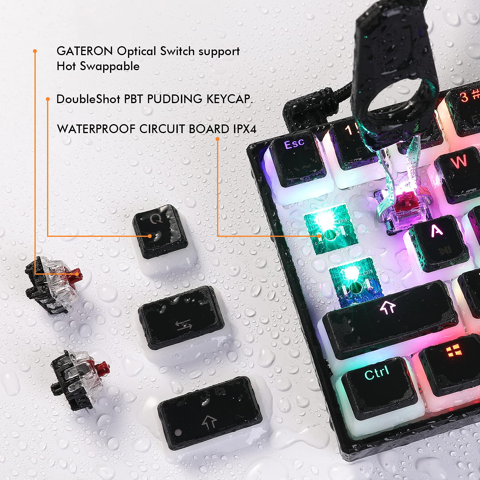 Ractous RTK61P 60% Mechanical Gaming Keyboard RGB Backlit PBT Pudding keycaps 61key Ultra-Compact Wired Keyboard Programmable for PC/Mac Gamers,Hot-Swappable Gateron Optical Brown Switch (Black)
