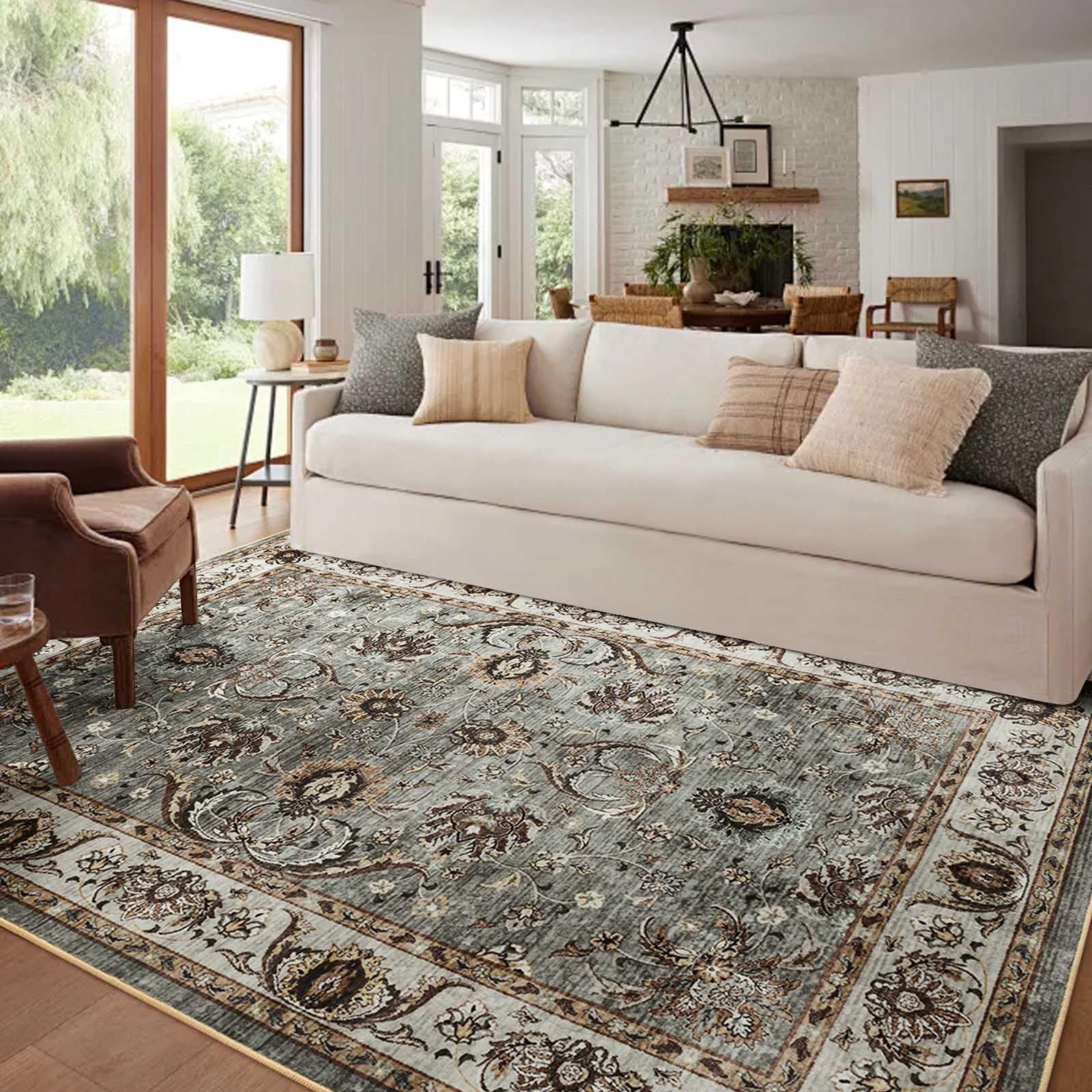 Photo 1 of 5x7 Ft Machine Washable Area Rugs for Bedroom, Thin Vintage Floral Print Rug Non Slip Carpet for Living Room, Dining Room, Office Home Decor (Brown)
